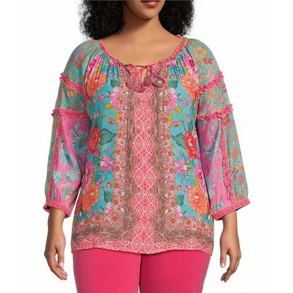 John Mark Top‎ PS Boho Floral Peasant Blouse Ruffle Pink Tie Neck Romantic